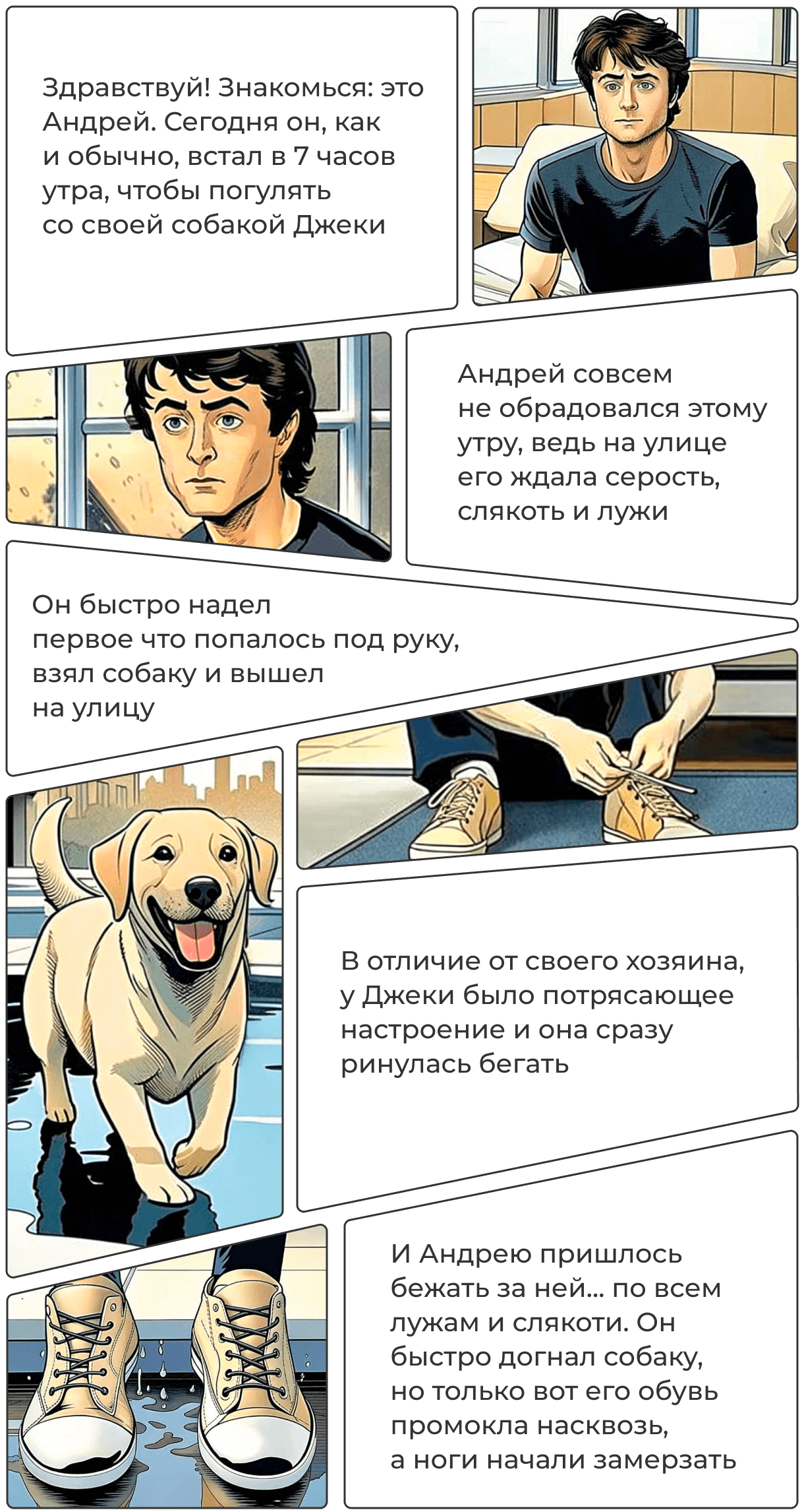 Здравствуй! Знакомься: это Андрей. Сегодня он, как и&nbsp;обычно, встал в 7 часов утра, чтобы погулять со&nbsp;своей собакой Джеки. Андрей совсем не&nbsp;обрадовался этому утру, ведь на улице его ждала серость, слякоть и лужи. Он быстро надел первое что попалось под руку, взял собаку и вышел на улицу. В отличие от&nbsp;своего хозяина, у Джеки было потрясающее настроение и она сразу ринулась бегать. И Андрею пришлось бежать за ней… по всем лужам и слякоти. Он быстро догнал собаку, но&nbsp;только вот его обувь промокла насквозь, а&nbsp;ноги начали замерзать