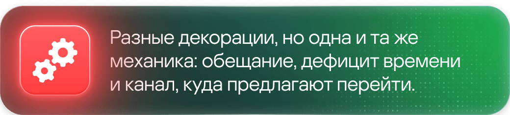 Разные декорации, но одна и та же механика: обещание, дефицит времении канал, куда предлагают перейти.