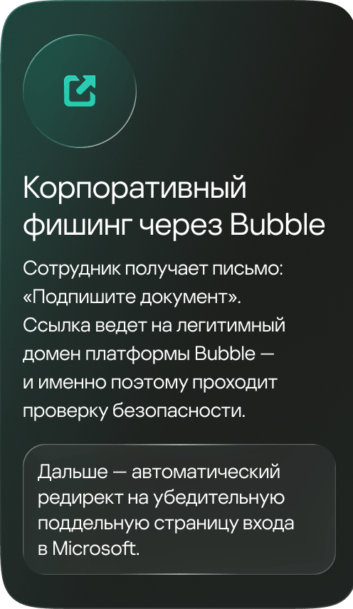 Корпоративный фишинг через Bubble. Сотрудник получает письмо: «Подпишите документ». Ссылка ведет на легитимный домен платформы Bubble &mdash; и именно поэтому проходит проверку безопасности. Дальше &mdash; автоматический редирект на убедительную поддельную страницу входа в Microsoft.