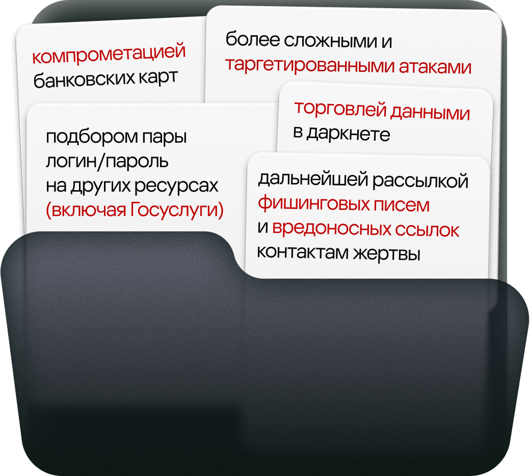 Компрометацией банковских карт, более сложными и таргетированными атаками, подбором пары логин/пароль на других ресурсах (включая Госуслуги), торговлей данными в даркнете, дальнейшей рассылкой фишинговых писем и вредоносных ссылок контактам жертвы