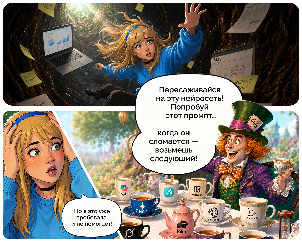 кадр 3 — Алиса бежит за кроликом и падает в нору
кадр 4 — Алиса оказывается перед столом Безумного Шляпника. Стол завален чашками с иконками Midjourney, ChatGPT и еще 10 логотипами разных сервисов.
Шляпник: « Пересаживайся на эту нейросеть! 
Попробуй этот промпт…
когда он сломается — возьмешь следующий!»
Алиса (в ужасе): «Но я это уже пробовала и не помогает!»
