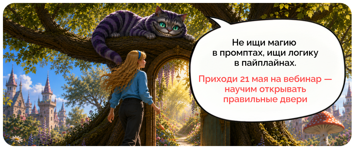 кадр 6 — Мы видим дверь-портал, за которой прекрасный сад и Алиса может в нее войти потому что она «правильного размера» благодаря системе (отсылка к тому, что в книге она была то большой, то маленькой)
Кот: «Не ищи магию в промптах, ищи логику в пайплайнах. 
Приходи 21 мая на вебинар — научим открывать правильные двери»