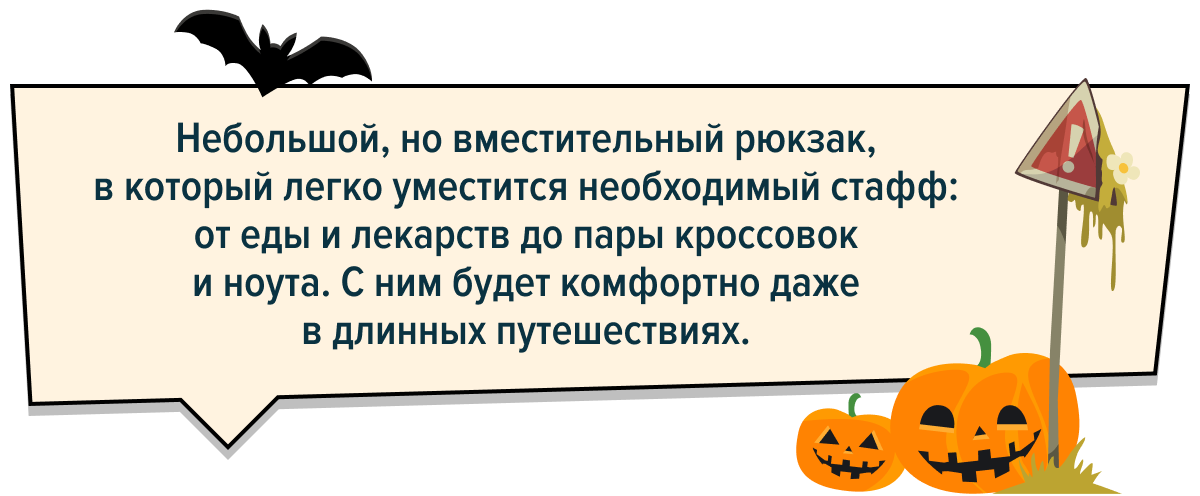 Небольшой, но вместительный рюкзак, в который легко уместится необходимый стафф: от еды и лекарств до пары кроссовок и ноута. С ним будет комфортно даже в длинных путешествиях.